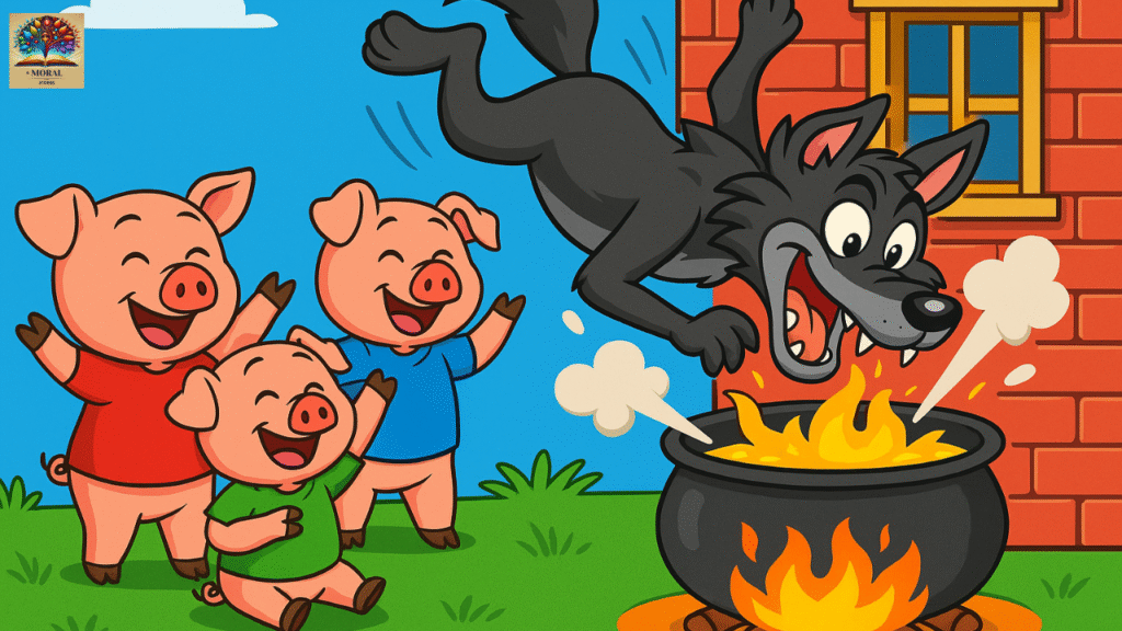 The-wolf-falls-into-a-large-steaming-pot-as-the-pigs-cheer-—-humorous-defeat-in-The-Three-Little-Pigs-1024x576 The Three Little Pigs Short Story in English – A Powerful Moral Tale of Hard Work, Wisdom, Courage and 15 Life Lessons for Kids