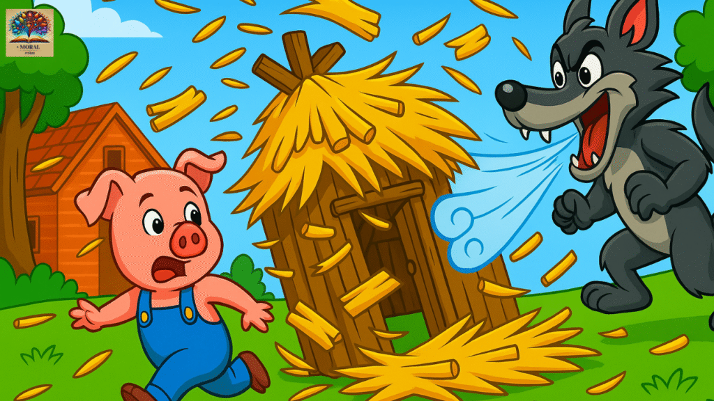 The-wolf-huffing-and-puffing-blowing-the-straw-house-apart-while-the-youngest-pig-runs-away-—-scene-from-The-Three-Little-Pigs-1024x576 The Three Little Pigs Short Story in English – A Powerful Moral Tale of Hard Work, Wisdom, Courage and 15 Life Lessons for Kids