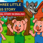 Bright cartoon thumbnail of the Three Little Pigs standing happily in front of the brick house while the big bad wolf peeks from behind, representing the Three Little Pigs short moral story in English.