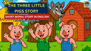 Bright cartoon thumbnail of the Three Little Pigs standing happily in front of the brick house while the big bad wolf peeks from behind, representing the Three Little Pigs short moral story in English.