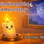 Candle glowing confidently inside a room with wind outside the window and text Never Give Up, thumbnail for the candle and the wind moral story