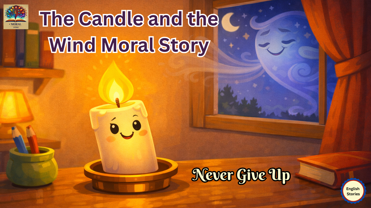 Candle glowing confidently inside a room with wind outside the window and text Never Give Up, thumbnail for the candle and the wind moral story