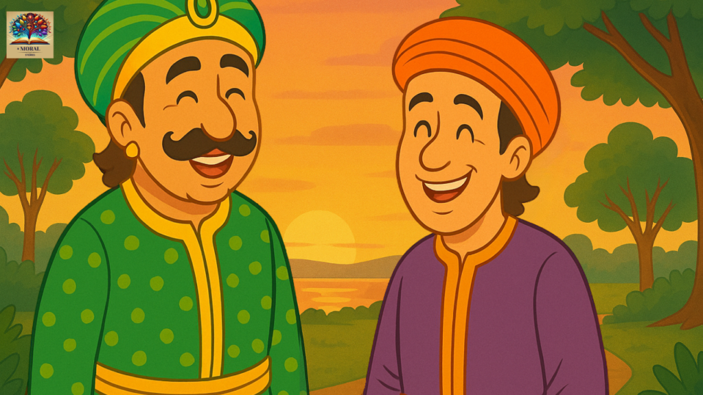 Akbar-and-Birbal-walking-together-during-a-calm-sunset-discussing-the-lesson-learned-from-the-khichdi-incident-–-2D-Akbar-Birbal-Khichdi-Story-1024x576 Akbar Birbal Khichdi Story in English with Moral – A Timeless Tale of Wisdom, Justice and Hope for Kids | Birbal Khichdi story pictures