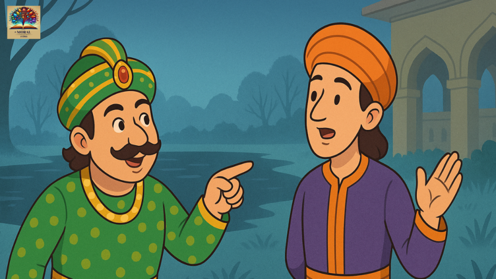 Akbar-pointing-towards-the-freezing-lake-while-Birbal-explains-calmly-–-illustrated-scene-from-Akbar-Birbal-Khichdi-Story-with-moral-1024x576 Akbar Birbal Khichdi Story in English with Moral – A Timeless Tale of Wisdom, Justice and Hope for Kids | Birbal Khichdi story pictures