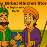 Colorful Akbar Birbal Khichdi Story in English with moral thumbnail featuring Akbar, Birbal, the freezing lake scene, and Birbal’s clever khichdi experiment