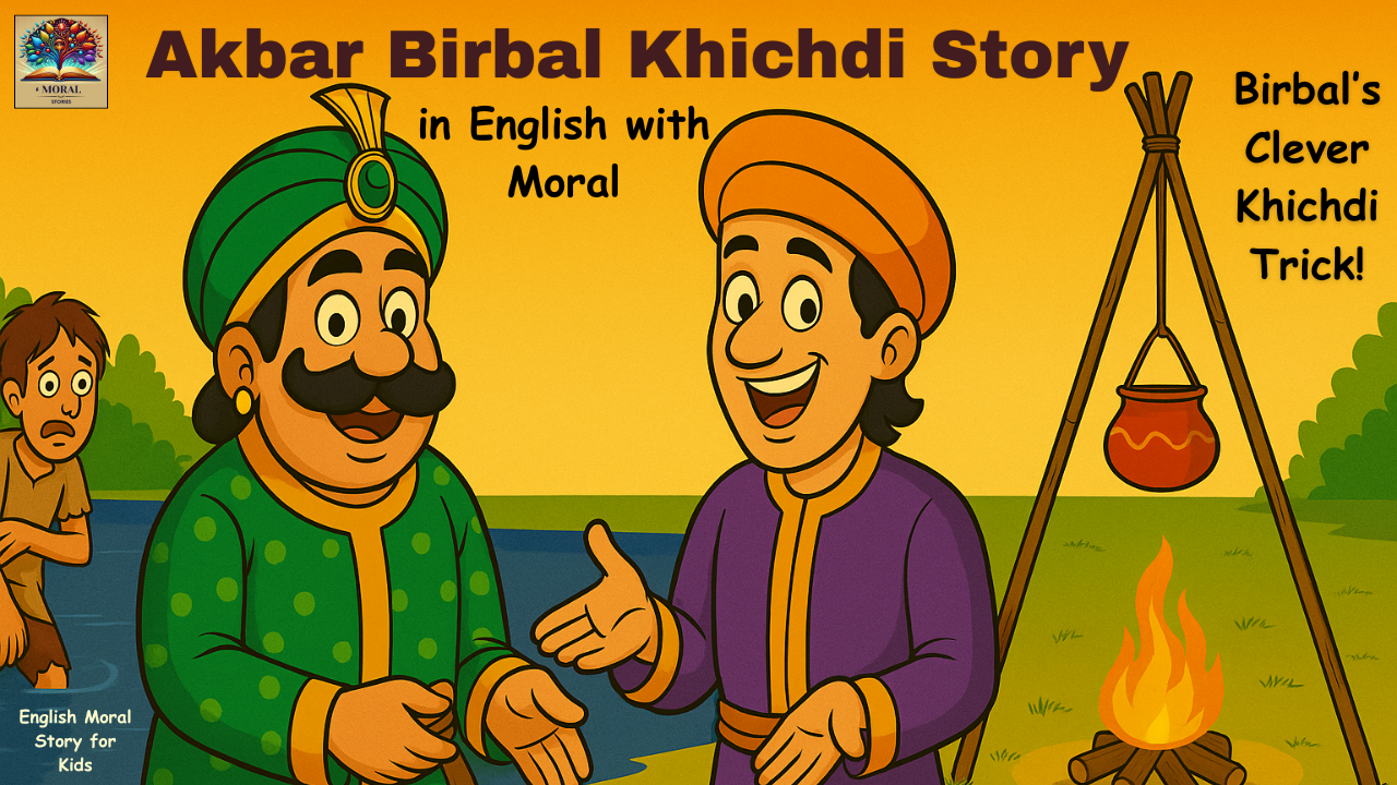 Colorful Akbar Birbal Khichdi Story in English with moral thumbnail featuring Akbar, Birbal, the freezing lake scene, and Birbal’s clever khichdi experiment