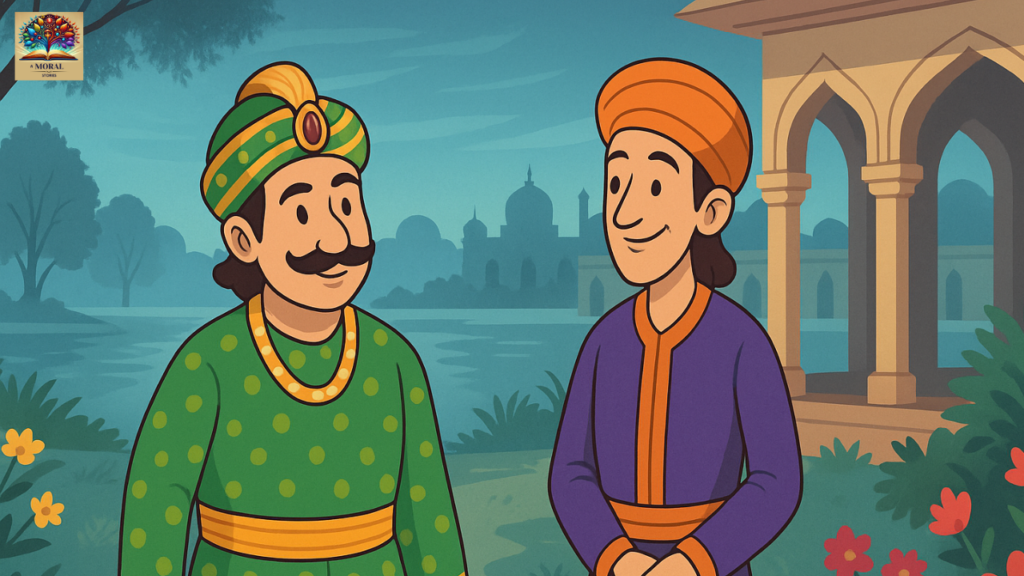 Emperor-Akbar-and-Birbal-walking-in-a-Mughal-garden-on-a-winter-evening-–-2D-cartoon-illustration-for-Akbar-Birbal-Khichdi-Story-1024x576 Akbar Birbal Khichdi Story in English with Moral – A Timeless Tale of Wisdom, Justice and Hope for Kids | Birbal Khichdi story pictures
