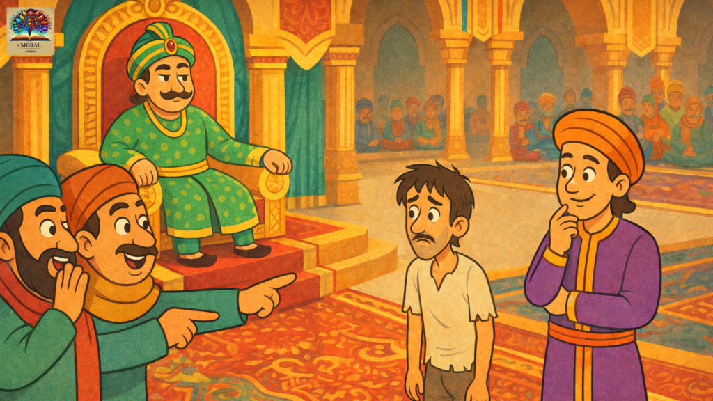 Emperor-Akbar-in-his-royal-court-listening-to-jealous-courtiers-accusing-the-poor-man-while-Birbal-stands-thoughtfully-–-Akbar-Birbal-Khichdi-Story-1024x576 Akbar Birbal Khichdi Story in English with Moral – A Timeless Tale of Wisdom, Justice and Hope for Kids | Birbal Khichdi story pictures