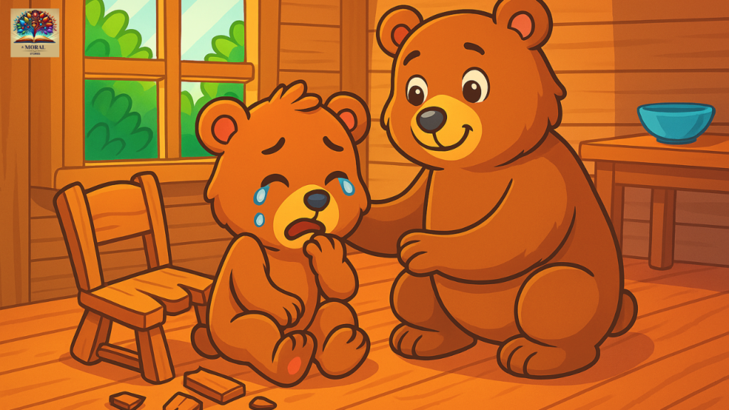 Goldilocks-and-the-Three-Bears-Short-Story-Baby-Bear-crying-next-to-his-broken-chair-while-Mama-Bear-comforts-him-1024x576 Goldilocks and the Three Bears Short Story in English | Fairy Tale for Kids with Pictures, Summary and Moral Lesson