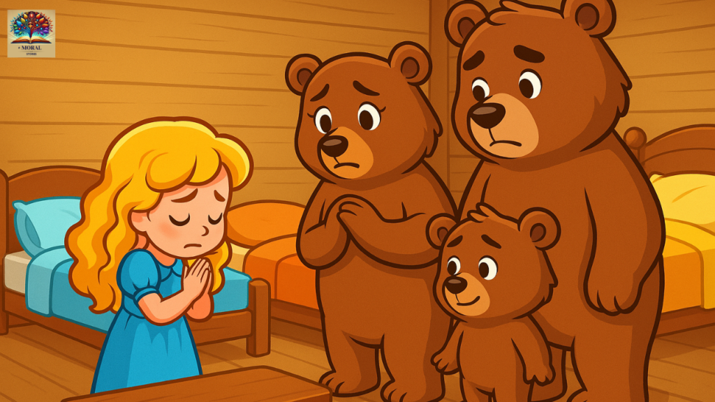 Goldilocks-and-the-Three-Bears-Short-Story-Goldilocks-apologising-to-the-three-bears-with-tears-and-sincere-expression-1024x576 Goldilocks and the Three Bears Short Story in English | Fairy Tale for Kids with Pictures, Summary and Moral Lesson