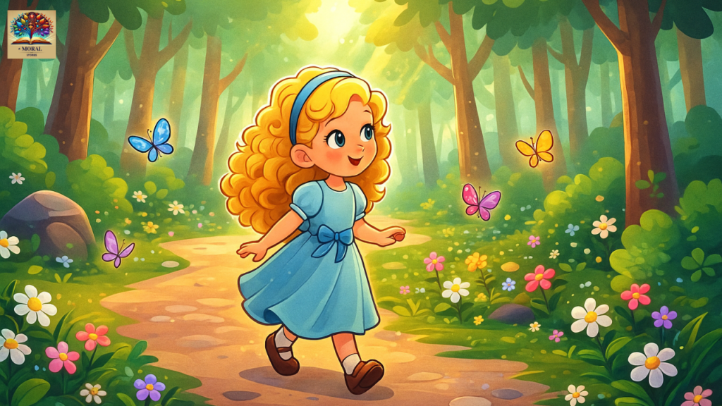 Goldilocks-and-the-Three-Bears-Short-Story-Goldilocks-standing-in-front-of-a-small-forest-cottage-looking-surprised-cartoon-style-1024x576 Goldilocks and the Three Bears Short Story in English | Fairy Tale for Kids with Pictures, Summary and Moral Lesson