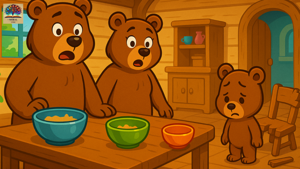 Goldilocks-and-the-Three-Bears-Short-Story-Three-bears-looking-at-their-porridge-bowls-surprised-and-sad-cartoon-illustration-1024x576 Goldilocks and the Three Bears Short Story in English | Fairy Tale for Kids with Pictures, Summary and Moral Lesson