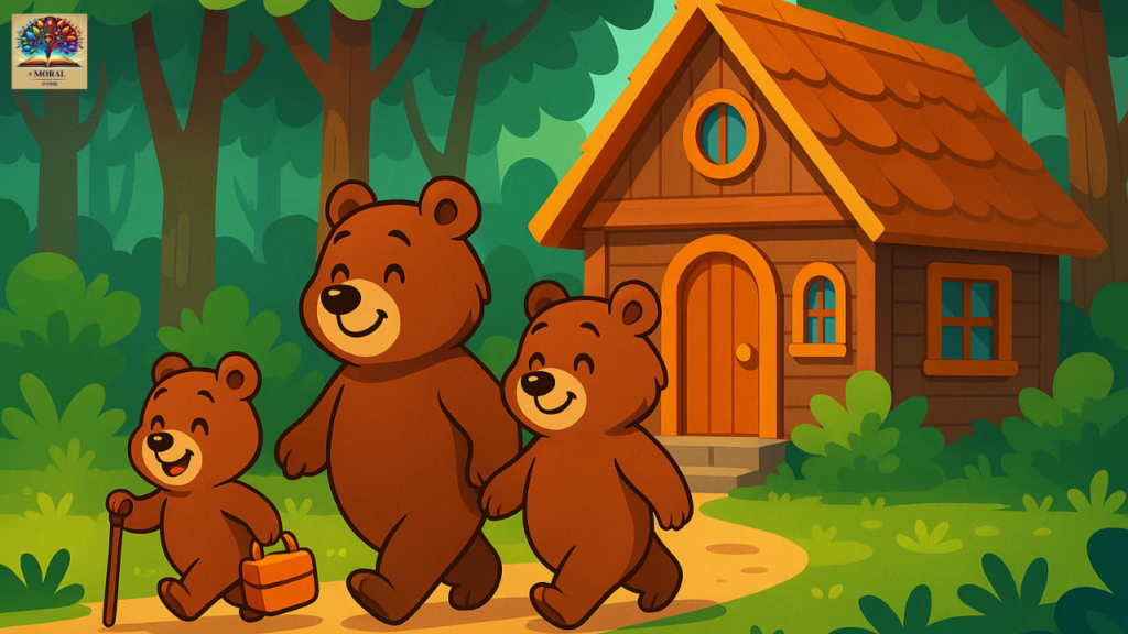 Goldilocks-and-the-Three-Bears-Short-Story-Three-bears-walking-together-in-a-forest-holding-hands-bright-2D-cartoon-illustration-1024x576 Goldilocks and the Three Bears Short Story in English | Fairy Tale for Kids with Pictures, Summary and Moral Lesson