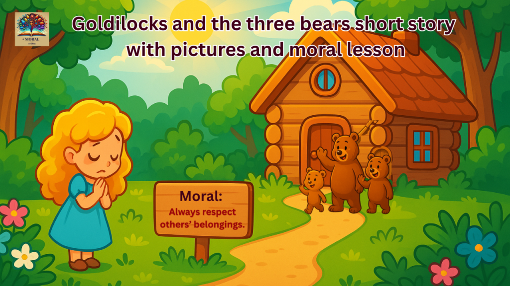 Goldilocks-in-forest-near-bears-wooden-house-with-Moral-board-space-for-moral-message-—-bright-2D-cartoon-scene-1024x576 Goldilocks and the Three Bears Short Story in English | Fairy Tale for Kids with Pictures, Summary and Moral Lesson