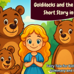 Goldilocks standing with Papa Bear, Mama Bear and Baby Bear in front of their forest house — cute bright cartoon thumbnail for Goldilocks and the Three Bears Short Story.