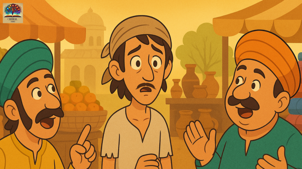 Poor-man-listening-nervously-in-a-Mughal-marketplace-as-townspeople-talk-about-Akbars-freezing-lake-challenge-–-cartoon-scene-from-Akbar-Birbal-Khichdi-Story-1024x576 Akbar Birbal Khichdi Story in English with Moral – A Timeless Tale of Wisdom, Justice and Hope for Kids | Birbal Khichdi story pictures