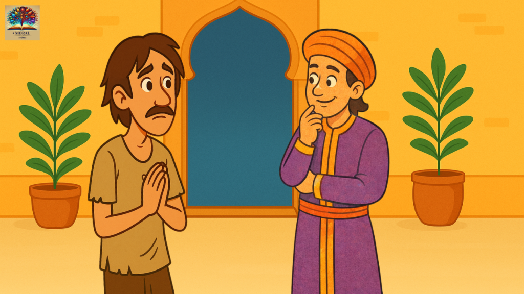 Poor-man-respectfully-asking-Birbal-for-help-in-a-Mughal-courtyard-–-2D-illustration-from-Akbar-Birbal-Khichdi-moral-story-1024x576 Akbar Birbal Khichdi Story in English with Moral – A Timeless Tale of Wisdom, Justice and Hope for Kids | Birbal Khichdi story pictures