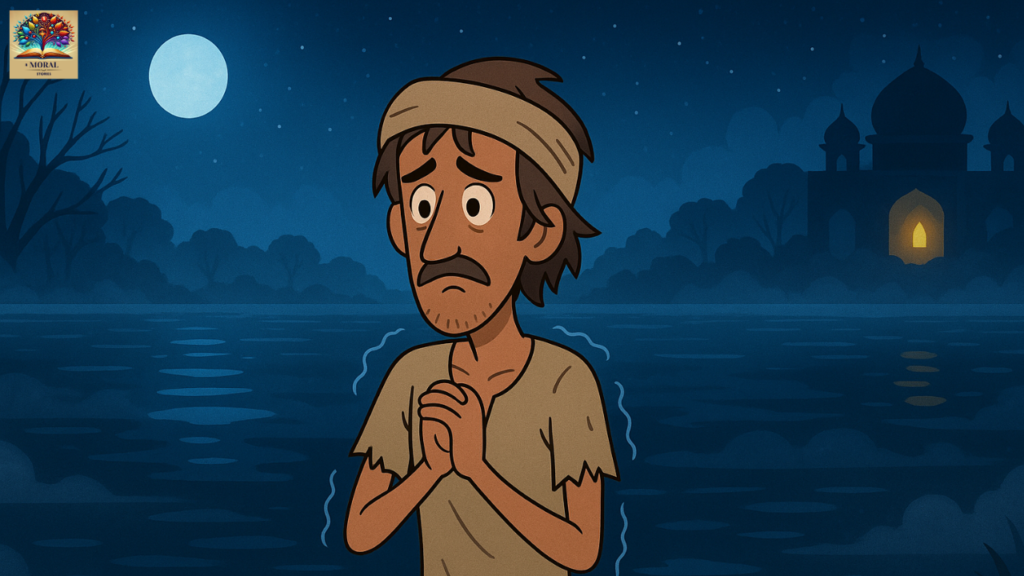 Poor-man-standing-waist-deep-in-the-freezing-lake-at-night-with-moonlight-and-distant-palace-lamp-–-scene-from-Akbar-Birbal-Khichdi-Story-1024x576 Akbar Birbal Khichdi Story in English with Moral – A Timeless Tale of Wisdom, Justice and Hope for Kids | Birbal Khichdi story pictures