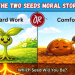 Split illustration showing hardworking plant with strong roots and lazy seed being eaten by bird, representing hard work vs comfort moral story for kids