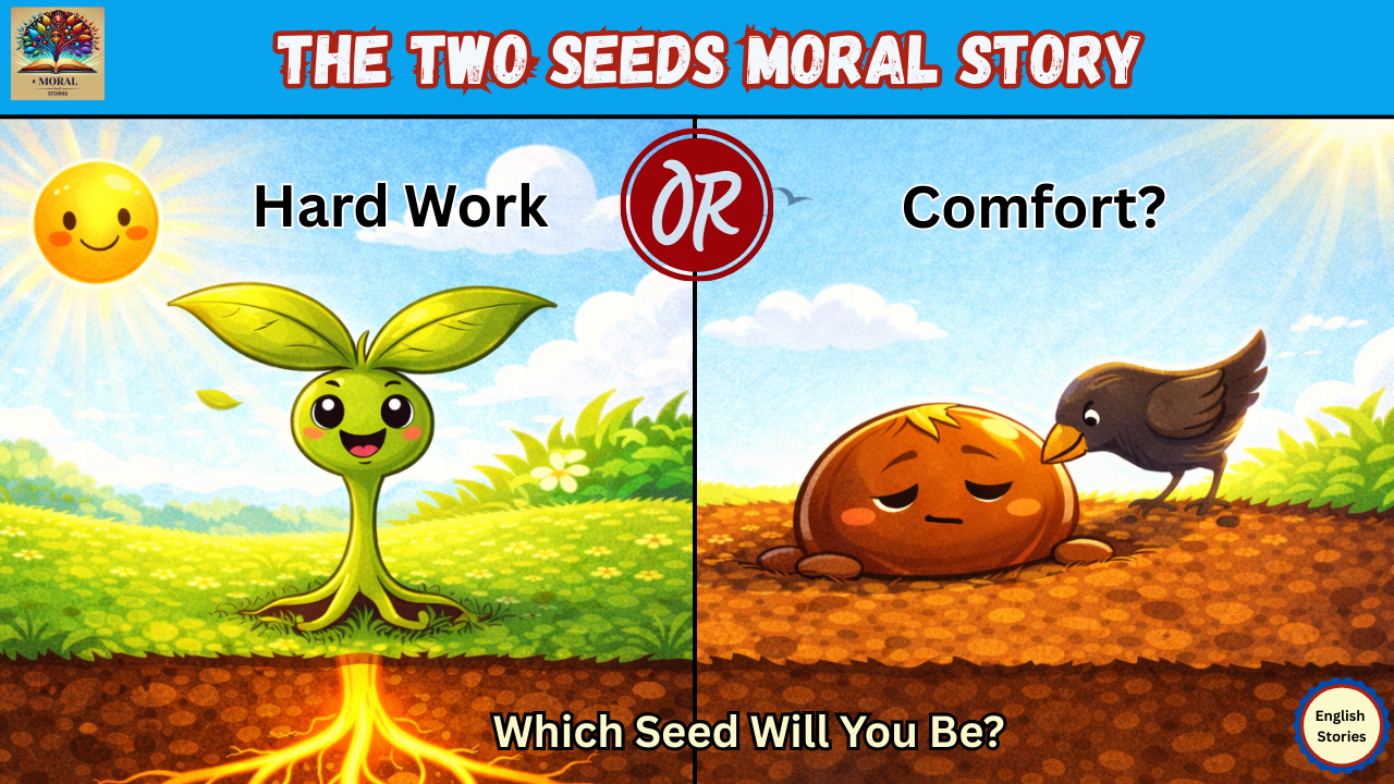 Split illustration showing hardworking plant with strong roots and lazy seed being eaten by bird, representing hard work vs comfort moral story for kids