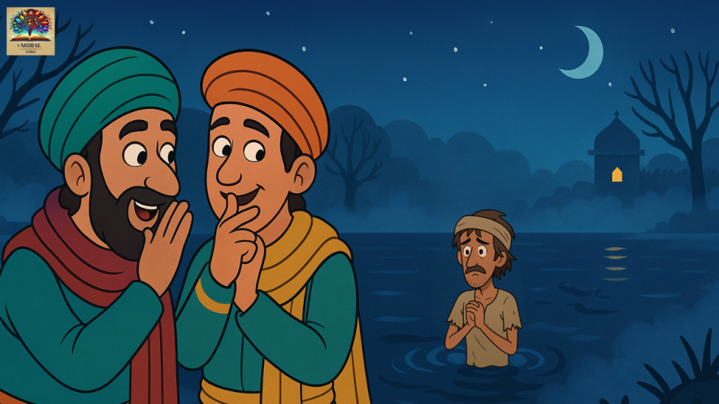 Two-Mughal-courtiers-whispering-on-the-lakeside-while-the-poor-man-stands-shivering-in-the-freezing-water-–-Akbar-Birbal-Khichdi-moral-story-illustration-1024x576 Akbar Birbal Khichdi Story in English with Moral – A Timeless Tale of Wisdom, Justice and Hope for Kids | Birbal Khichdi story pictures