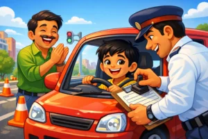 A-boy-passing-his-driving-test-as-his-father-claps-proudly-a-colorful-cartoon-motivational-story-scene-300x200 Akbar Birbal Khichdi Story in English with Moral – A Timeless Tale of Wisdom, Justice and Hope for Kids | Birbal Khichdi story pictures