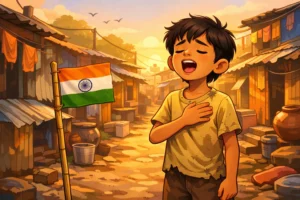 A poor Indian slum boy standing alone and singing the national anthem on Republic Day.