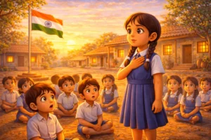 A young Indian girl standing respectfully during the national anthem while others remain seated, patriotic Republic Day scene.