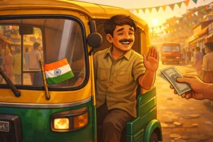 An Indian auto driver giving free rides on Republic Day with a small tricolor flag on his auto.