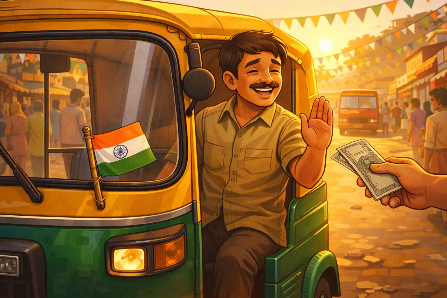 An Indian auto driver giving free rides on Republic Day with a small tricolor flag on his auto.