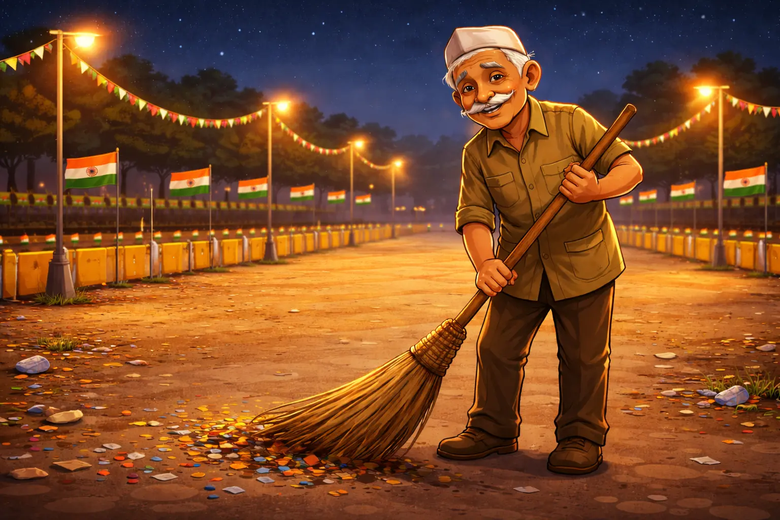 An old Indian sweeper cleaning a parade ground at night before Republic Day.