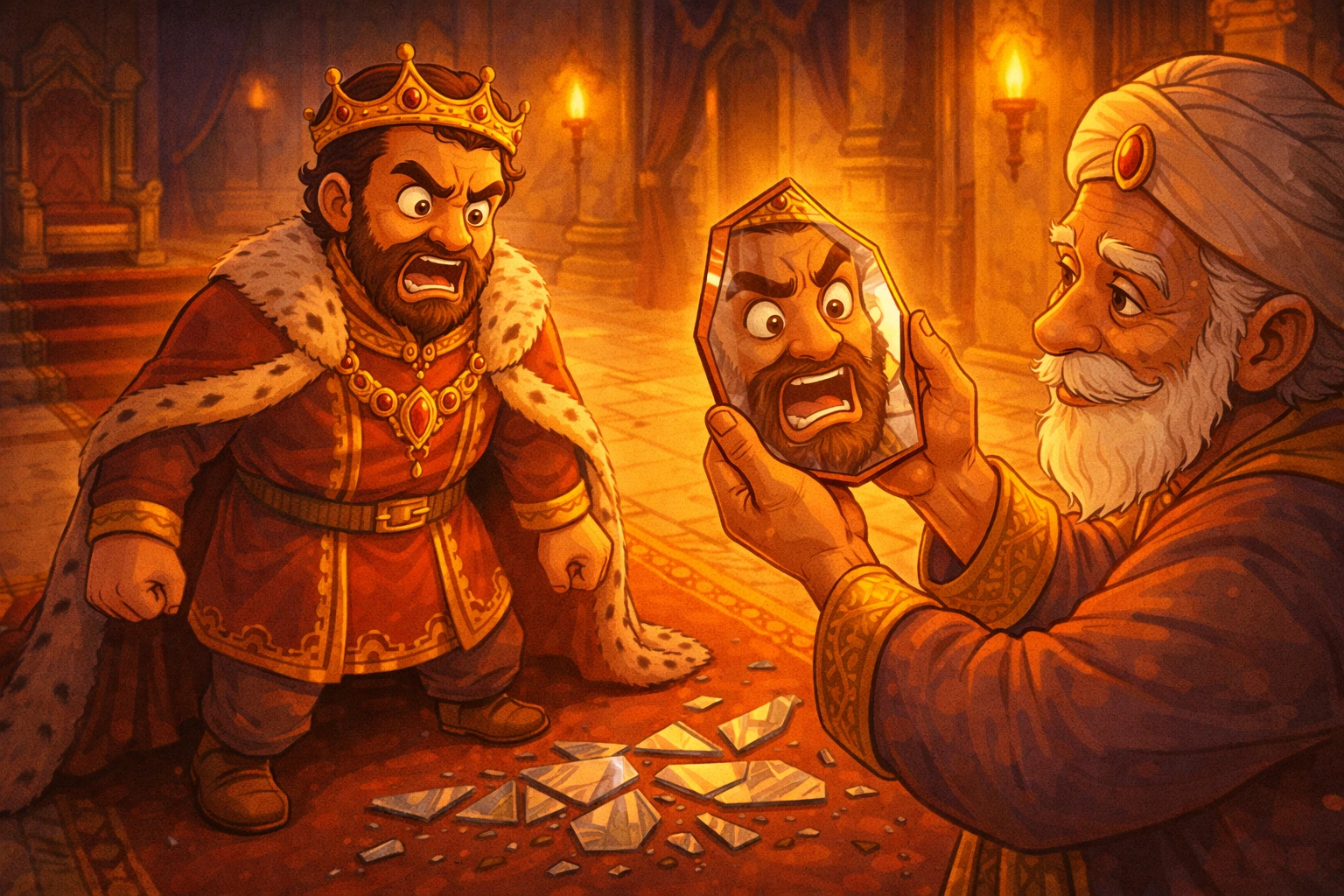 Angry king seeing his distorted reflection in a broken mirror in a moral story illustration