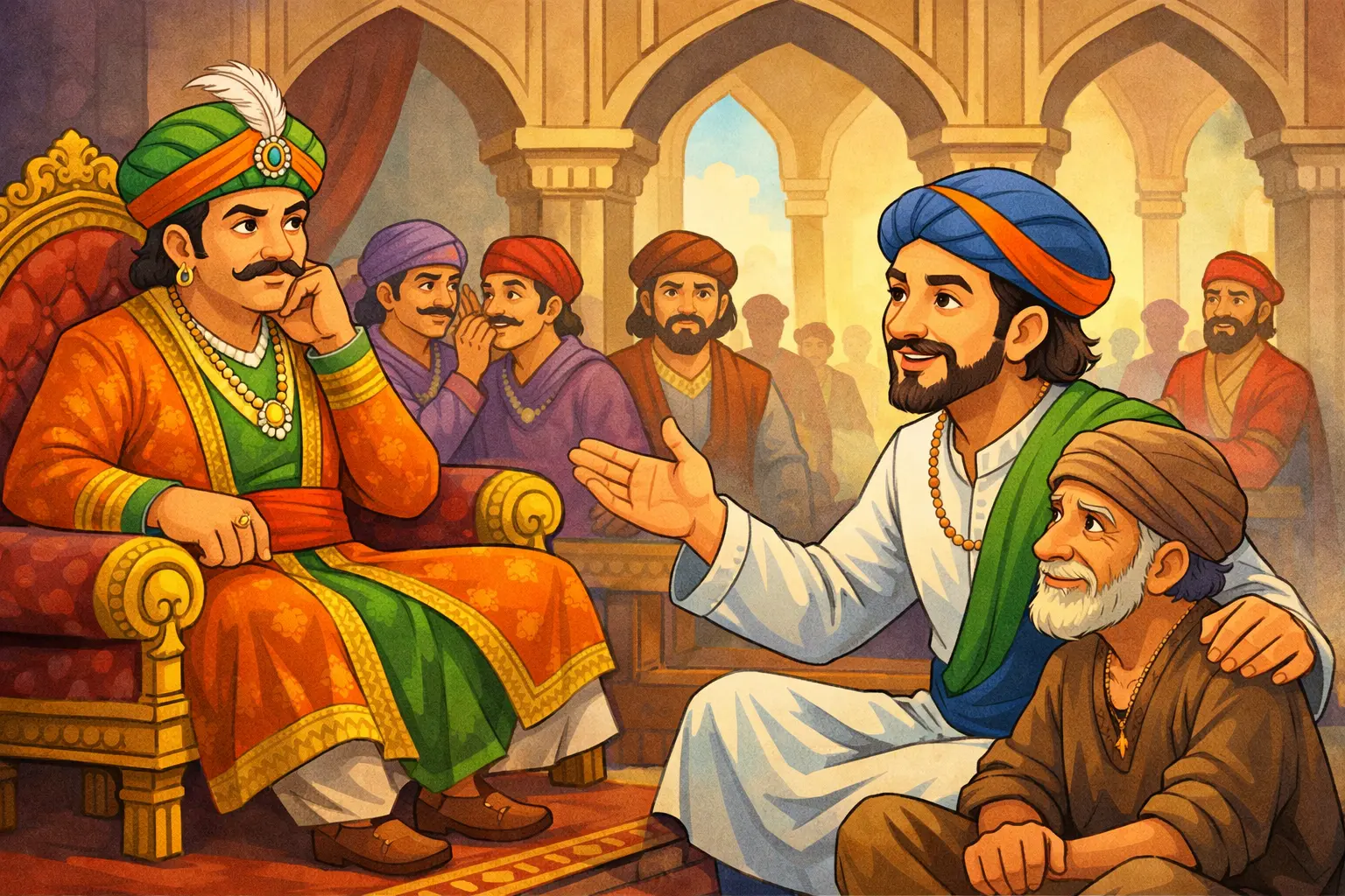 Birbal silently observing true friendship in Emperor Akbar’s court