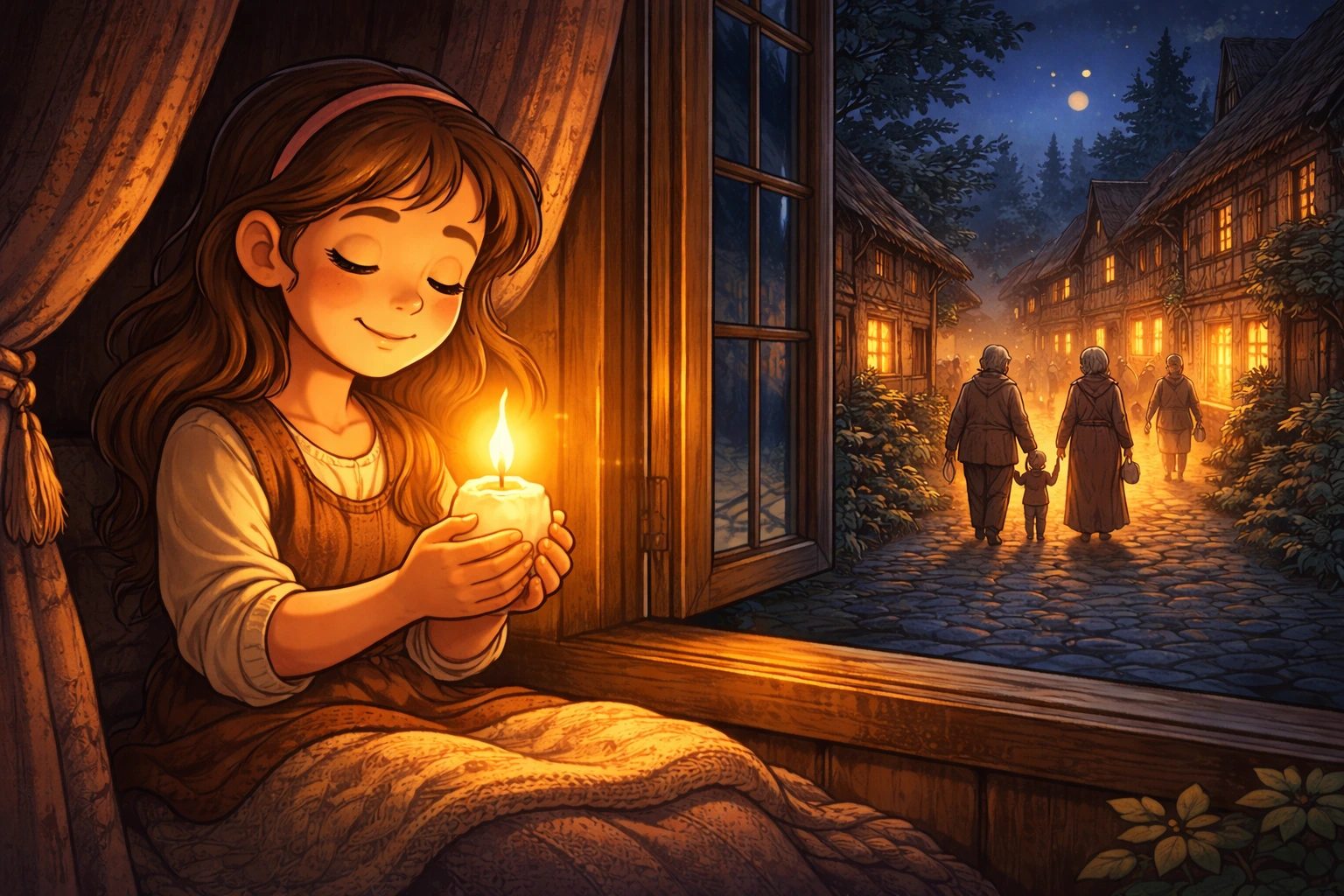 Blind girl holding a glowing candle, spreading light to others in a village moral story illustration