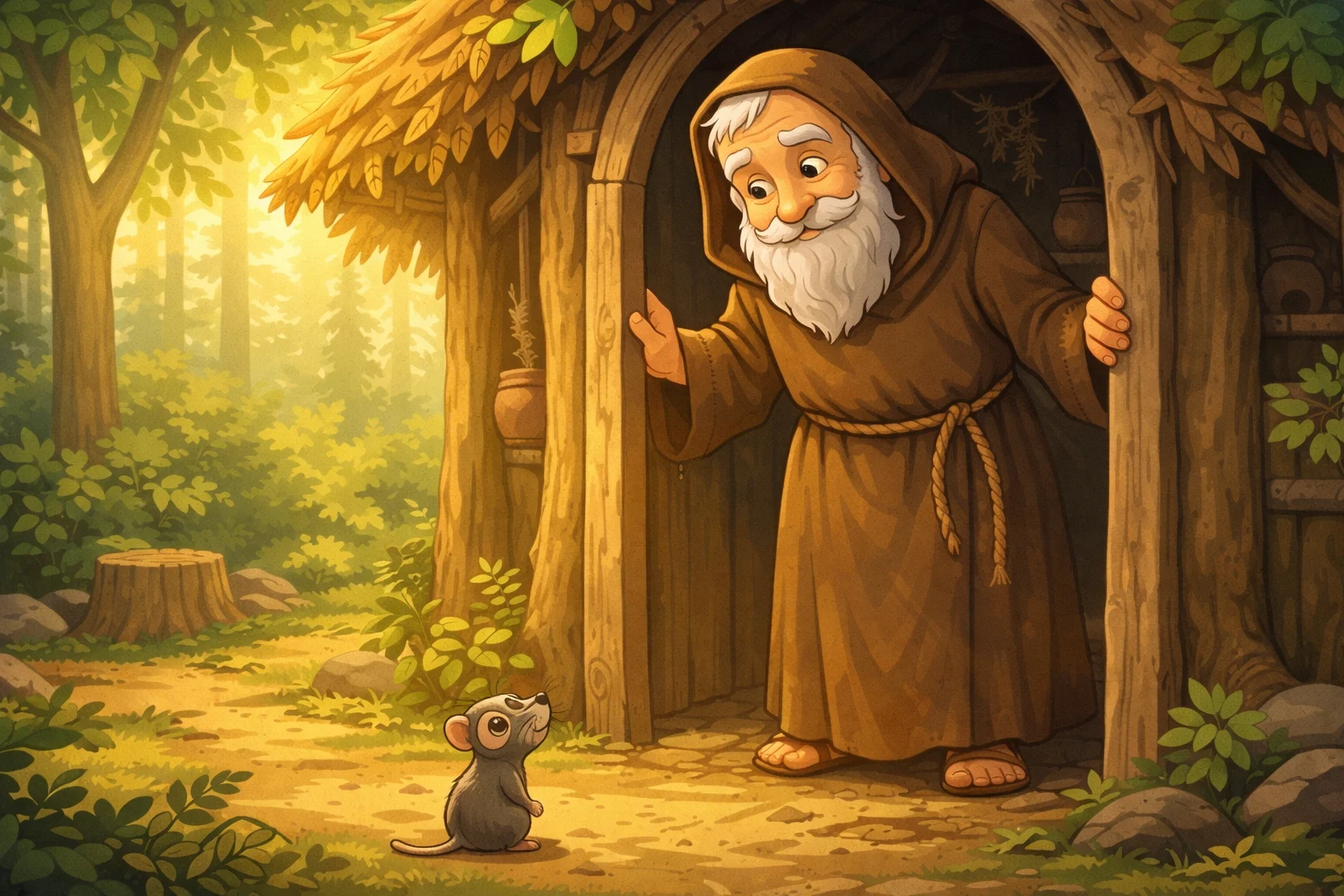 Cartoon illustration of a hermit helping a small mouse in a forest, teaching kindness and humility