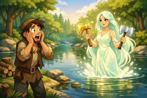 Cartoon-illustration-of-an-honest-woodcutter-beside-a-river-as-a-goddess-offers-him-golden-and-silver-axes-300x200 The Foolish Lion and the Clever Rabbit Story in English | Panchatantra Moral Story for Kids with Summary, Moral and Life Lessons