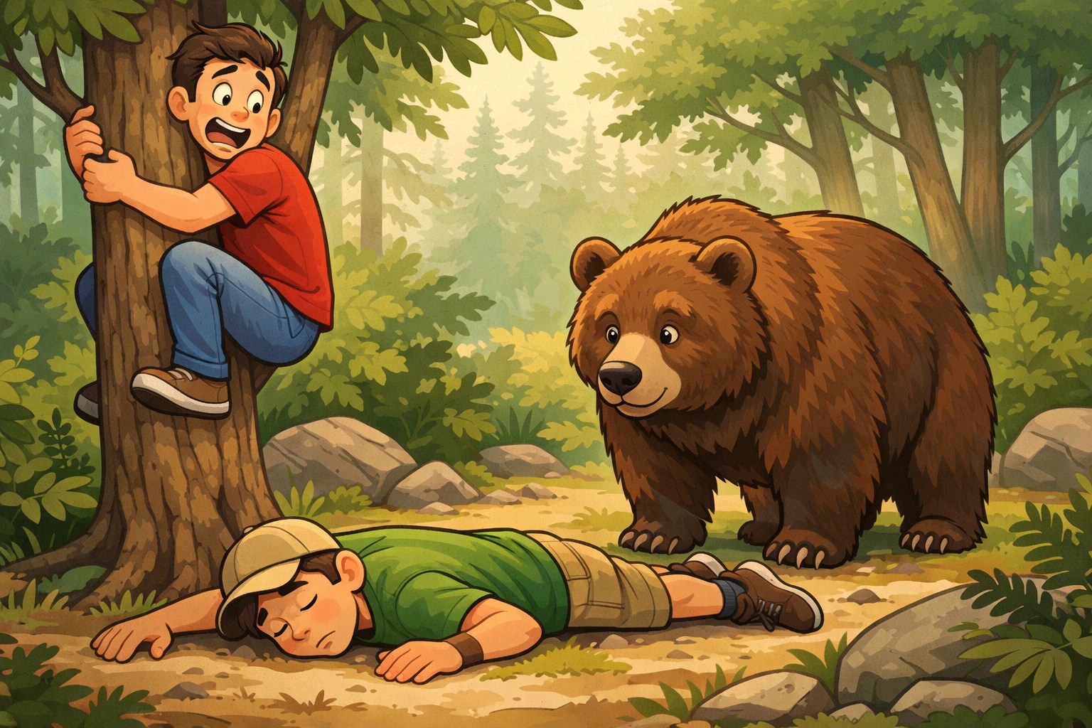 Cartoon illustration of two friends and a bear in a forest, showing a moral story about true friendship