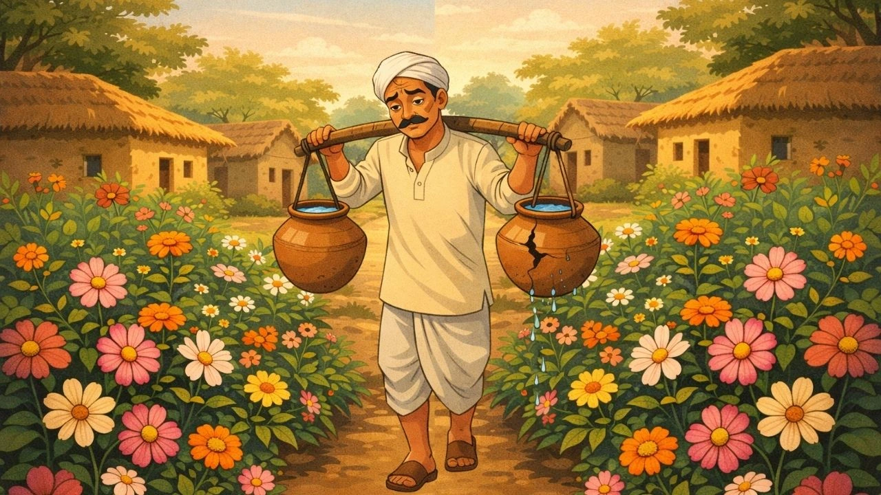 Cracked pot moral story with flowers growing from spilled water