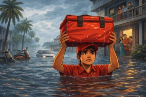 Indian delivery boy standing in floodwater, real-life inspirational story