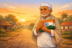 Indian man holding the tricolor flag at sunrise on Republic Day in a quiet village