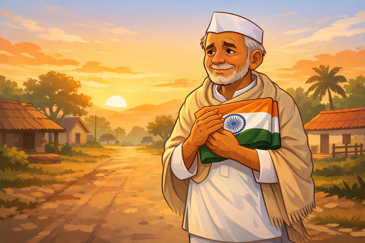 Indian man holding the tricolor flag at sunrise on Republic Day in a quiet village