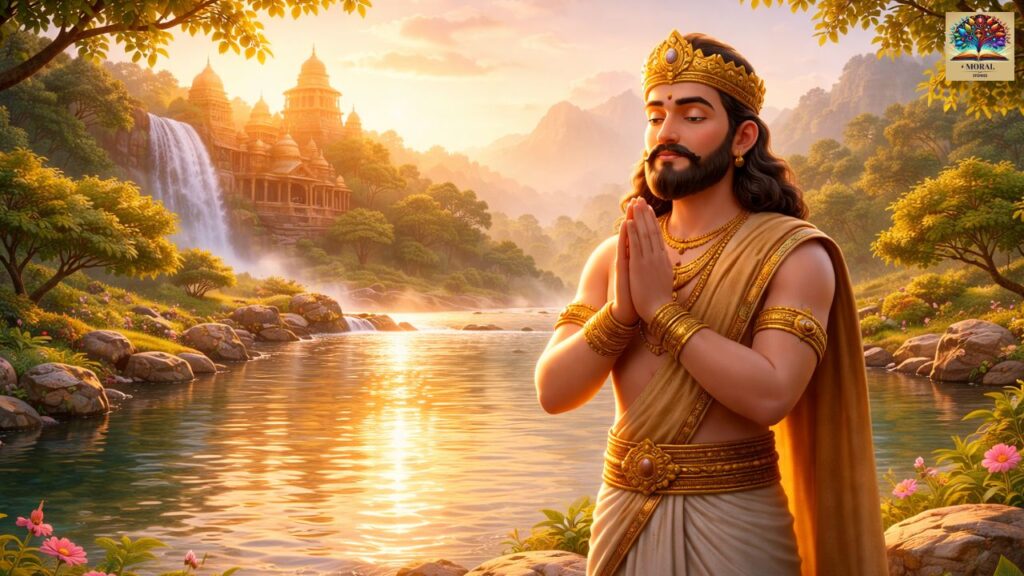 King-Satyavrata-praying-at-riverbank-during-sunrise-showing-devotion-and-righteousness-1024x576 Why Lord Vishnu Took Matsya Avatar – The Complete Story of Protection, Wisdom & Dharma
