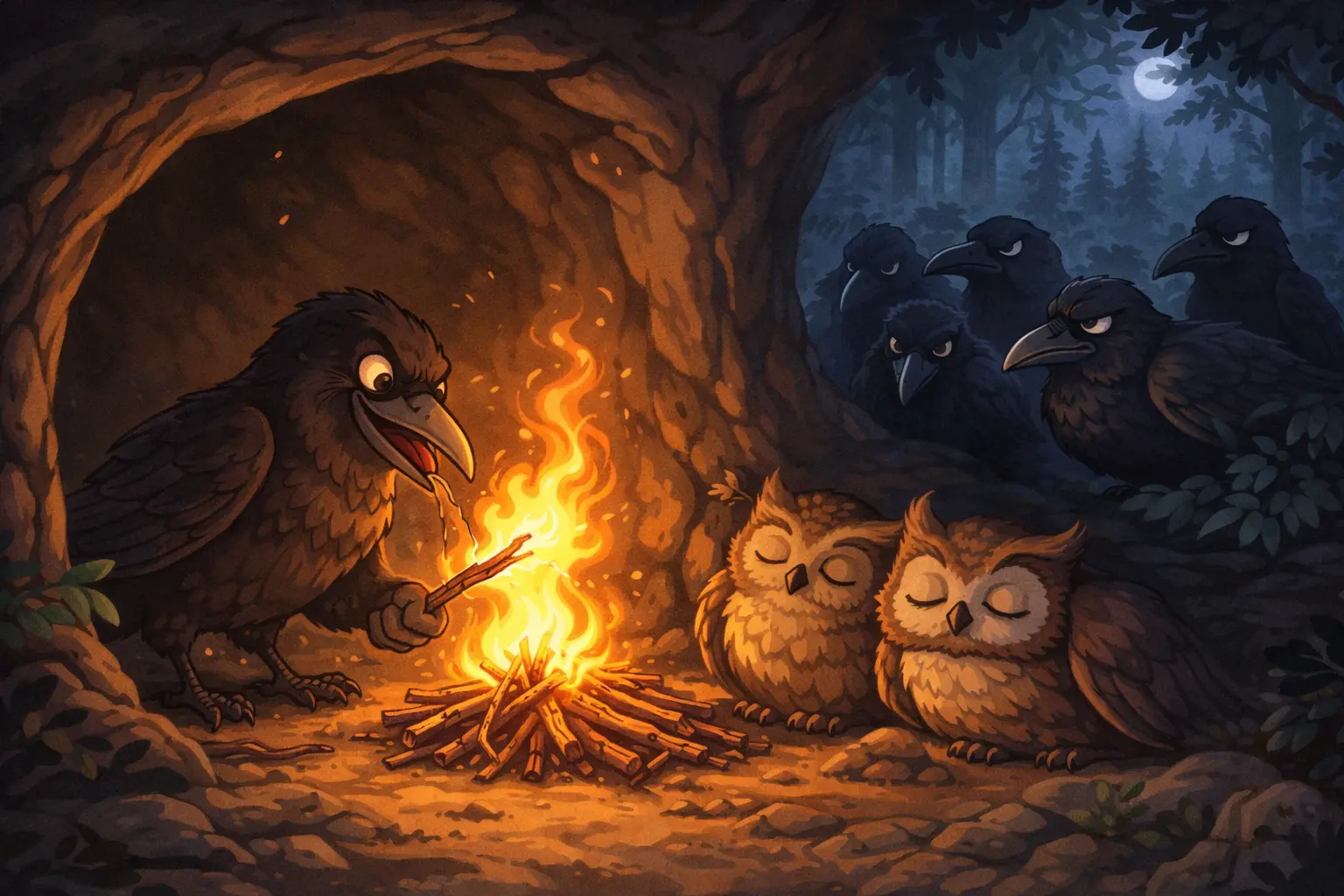 King of Crows and the Owl Panchatantra story illustration showing a clever crow using fire to defeat the owls