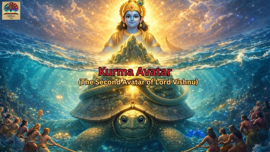 Kurma-Avatar-supporting-Mount-Mandara-–-Dashavatara-Story-for-Kids-in-English-1024x576 Dashavatara Story for Kids in English: 10 Divine Avatars of Lord Vishnu with Powerful Moral Lessons