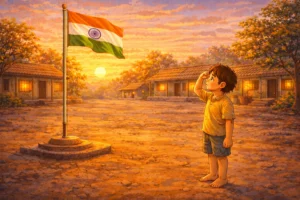 Little Indian boy saluting the national flag in an empty school ground on Republic Day