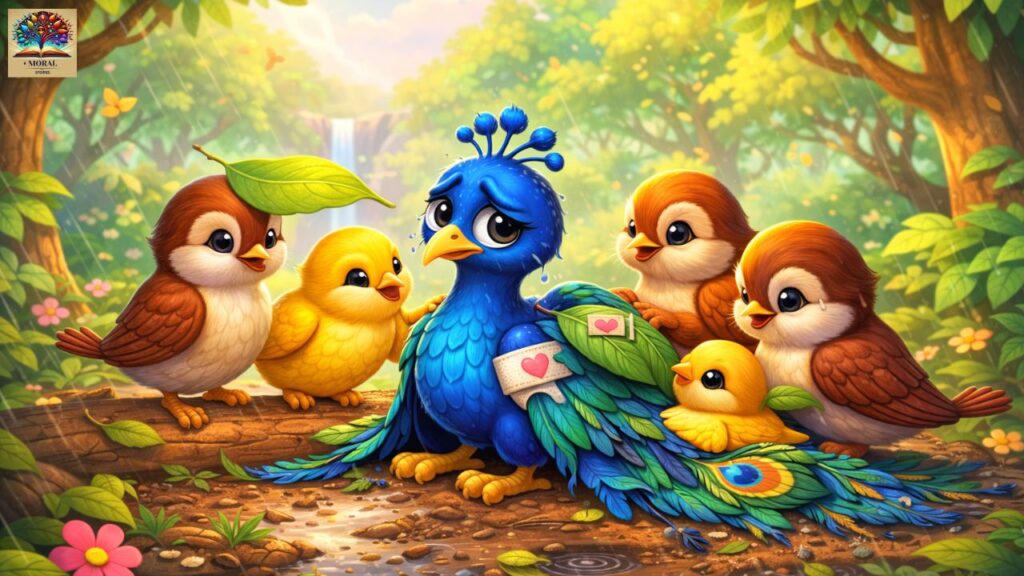Little-birds-helping-the-proud-peacock-and-showing-kindness-and-forgiveness-1024x576 The Proud Peacock and the Little Birds – A Powerful Moral Story for Kids About Pride, Unity, and Humility