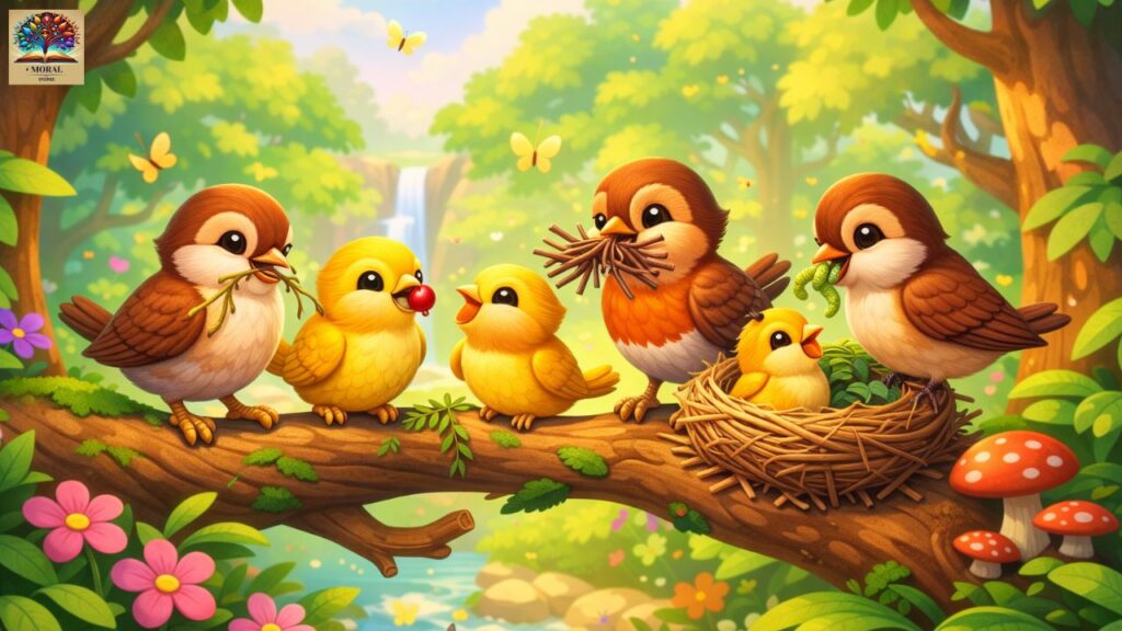 Little-birds-living-together-in-unity-and-cooperation-in-a-moral-story-1024x576 The Proud Peacock and the Little Birds – A Powerful Moral Story for Kids About Pride, Unity, and Humility