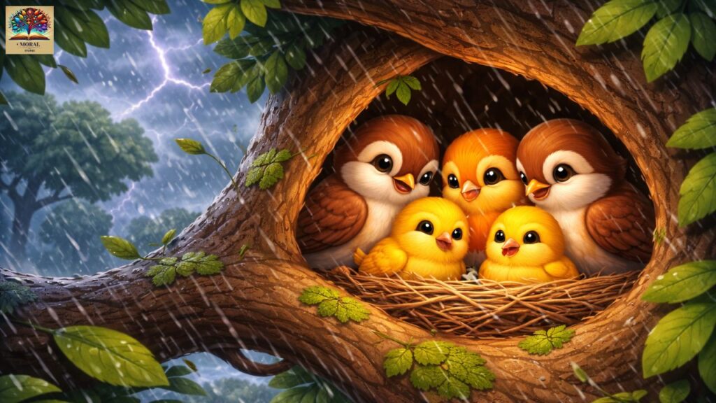 Little-birds-staying-united-during-a-storm-while-the-proud-peacock-is-alone-1024x576 The Proud Peacock and the Little Birds – A Powerful Moral Story for Kids About Pride, Unity, and Humility