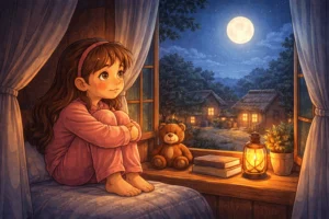 Lonely little girl looking at the full moon through a window in a moral story illustration