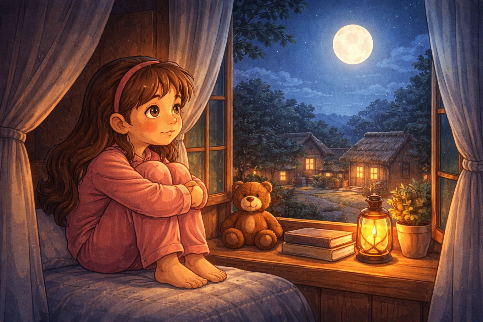 Lonely little girl looking at the full moon through a window in a moral story illustration